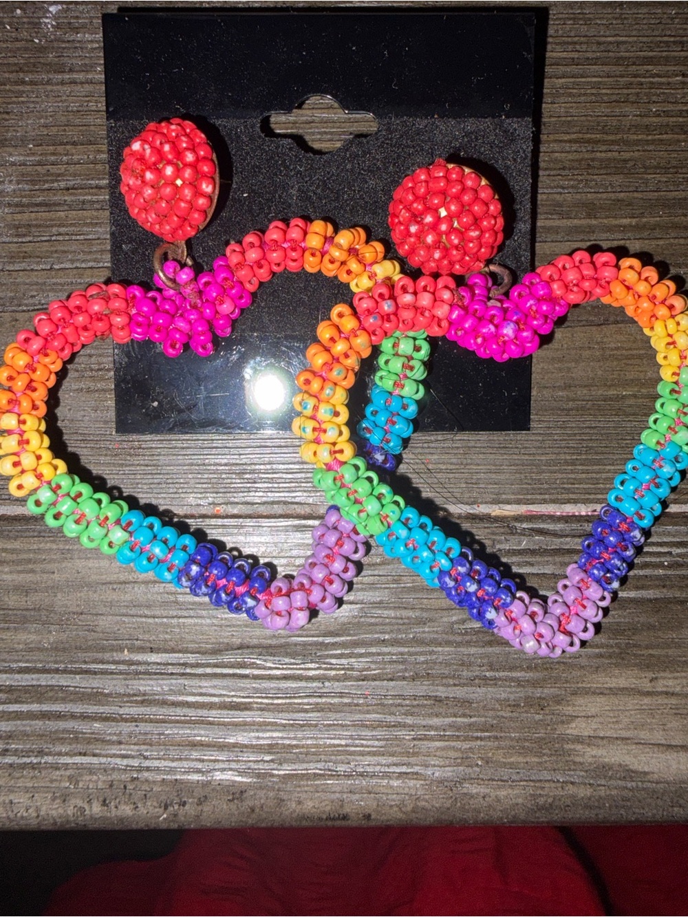 Source Unknown Rainbow Beaded Heart Hoop Earrings with Red Studs